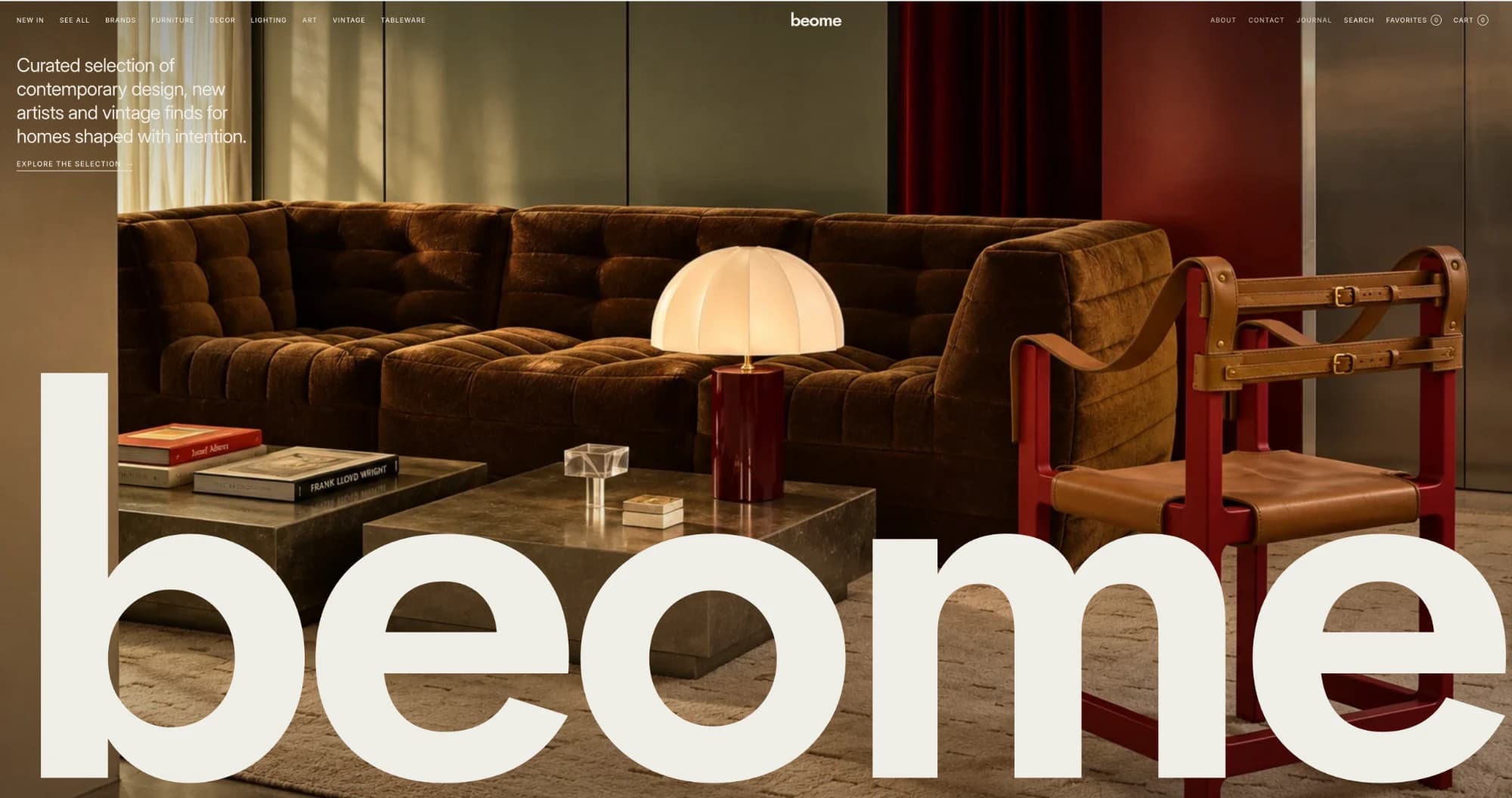 Beome Studios website: a curated interior with a velvet sofa, a mushroom lamp and a red leather chair, under the oversized beome wordmark