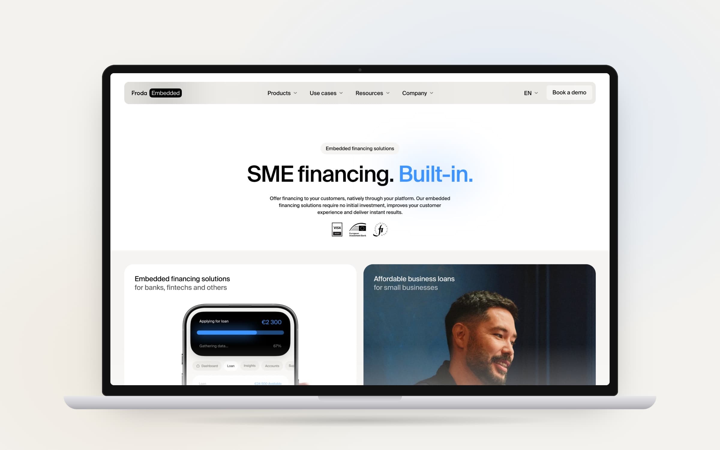 Froda Embedded website on a laptop: SME financing. Built-in.
