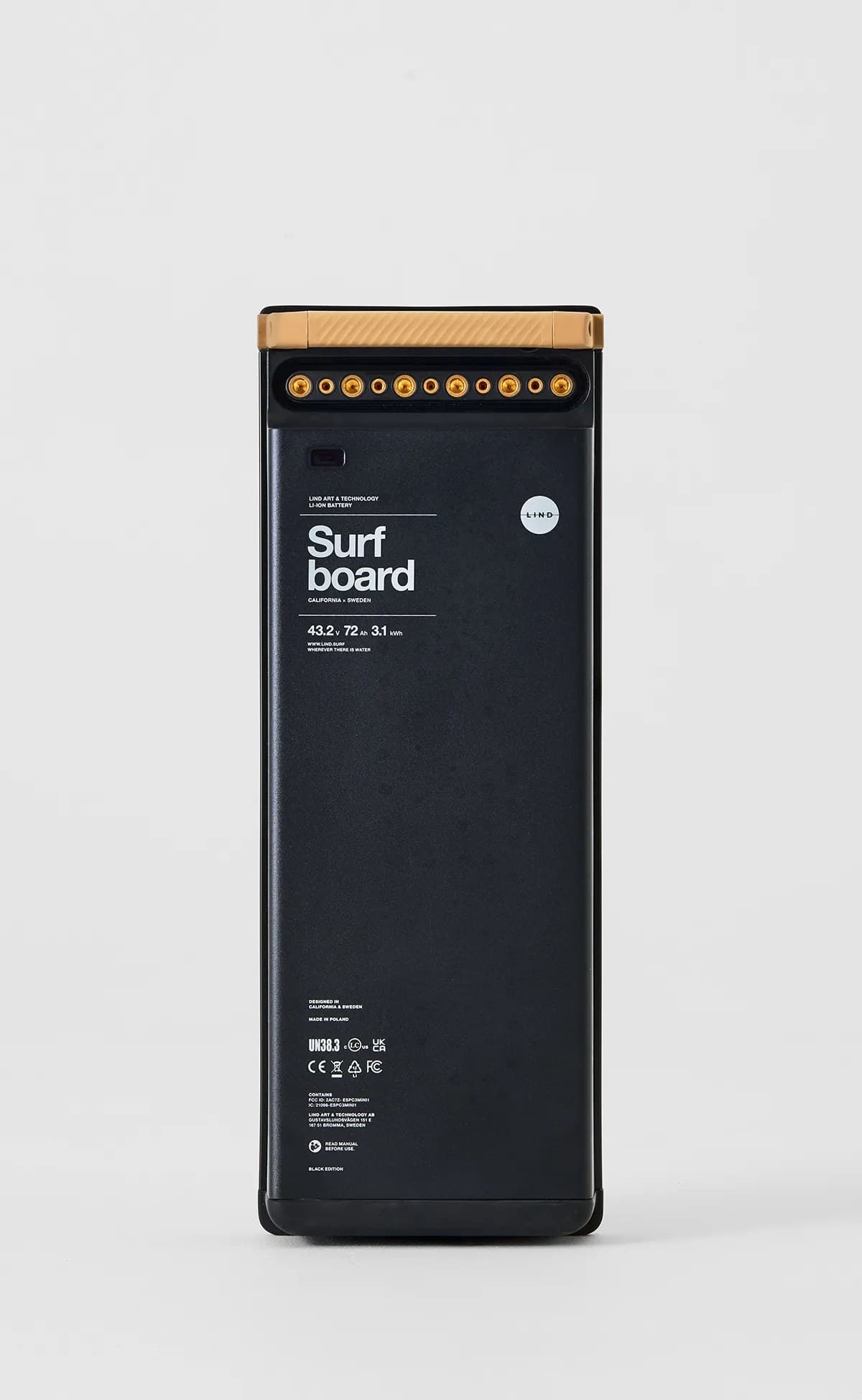 Lind Surfboard lithium-ion battery pack with gold connector pins and printed specification label