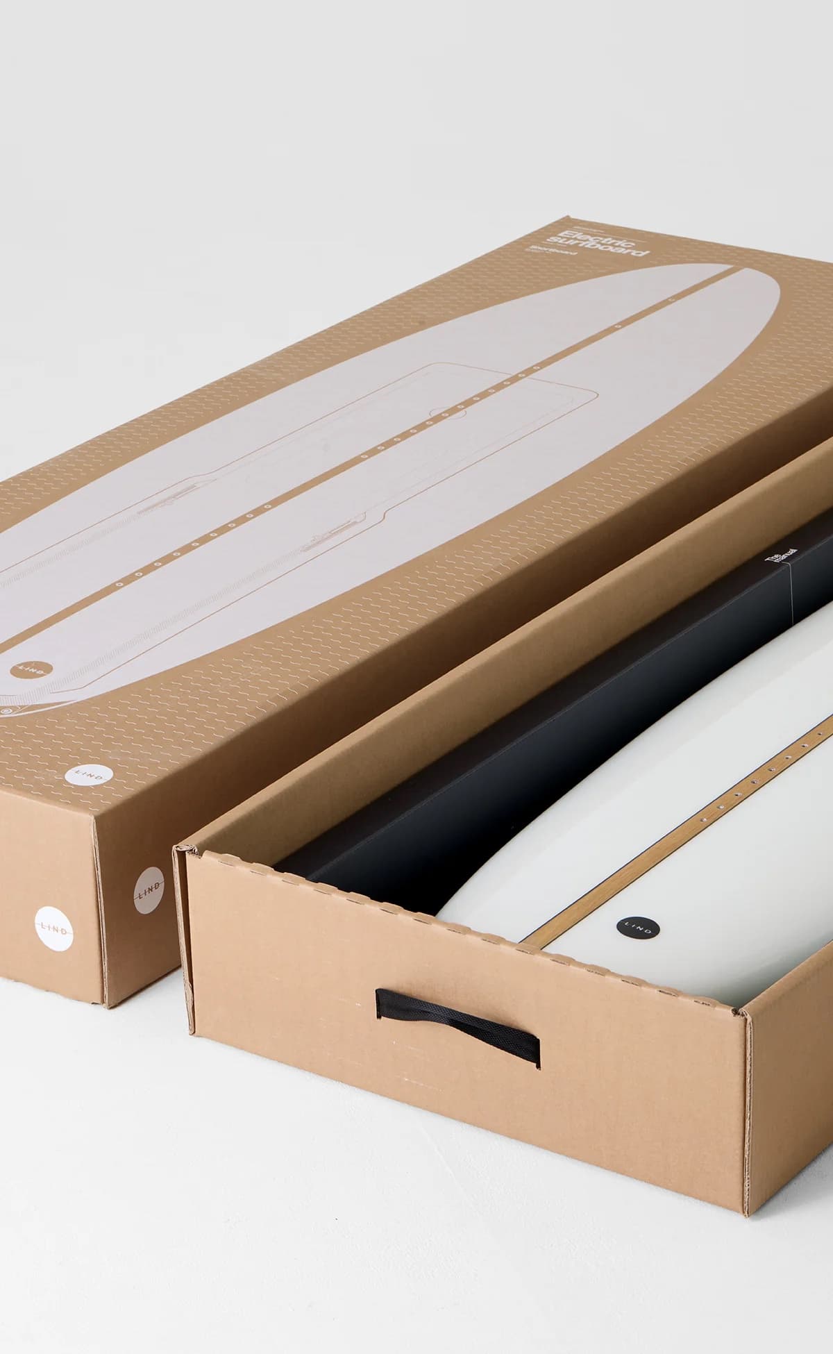 Lind packaging: a kraft box printed with the board outline, opened to show the board inside