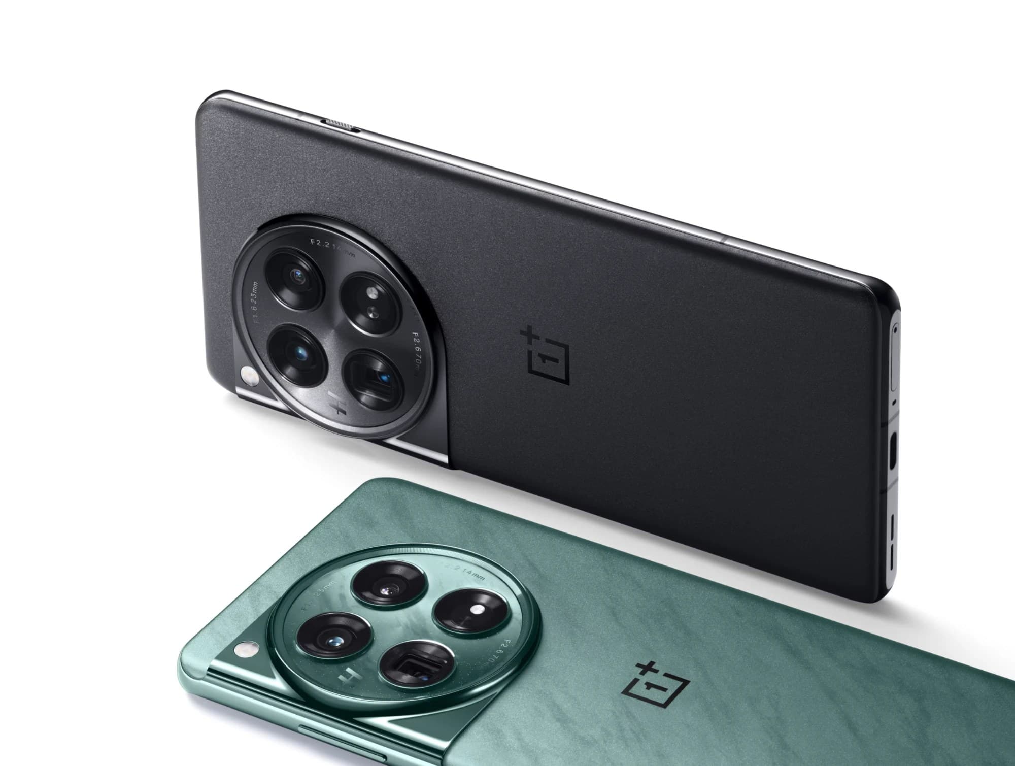 Two OnePlus phones, black and green, showing the circular camera module