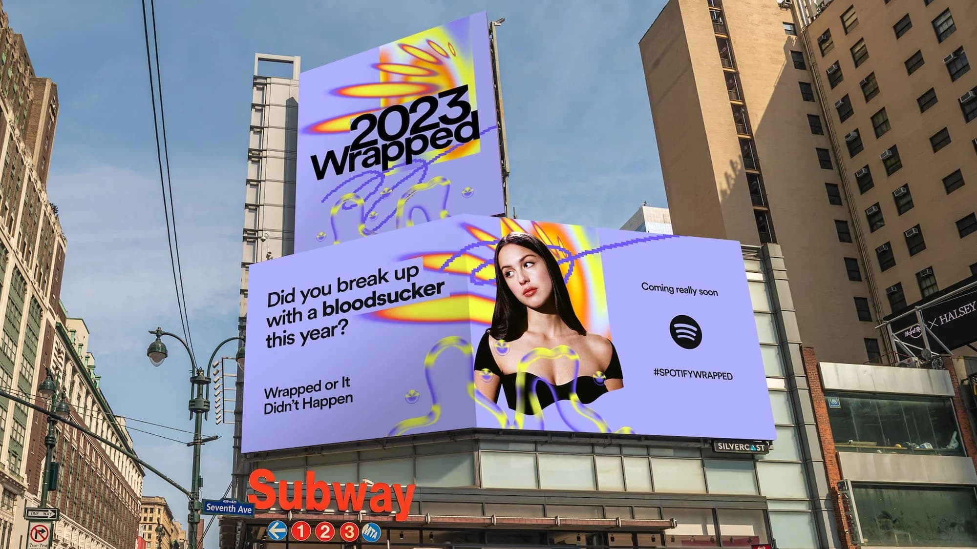 2023 Wrapped billboards above a New York subway entrance on Seventh Avenue